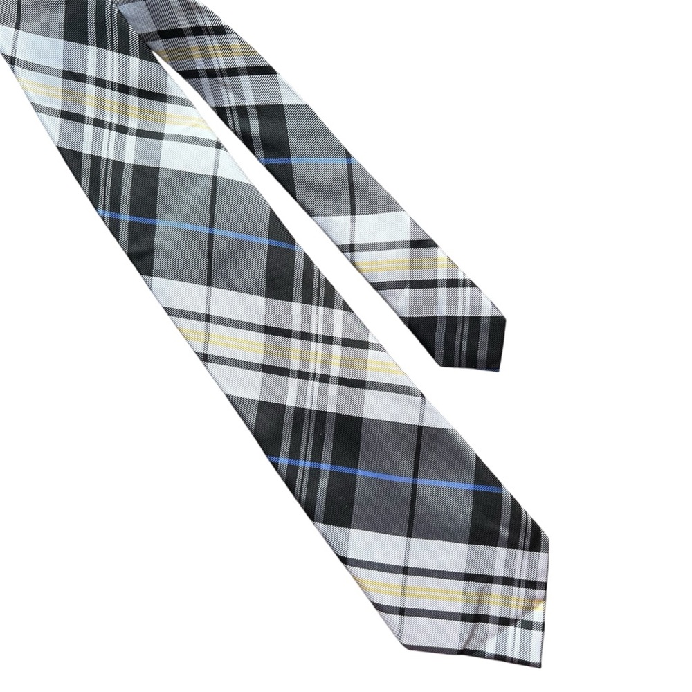 Ben Sherman Black and Gray Plaid Necktie with Yellow and Blue Accents 100% Silk
